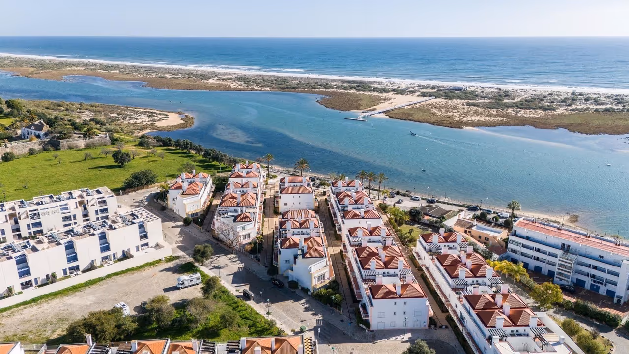 Aerial view of Ria Sea House and the beach in Cabanas de Tavira, Algarve